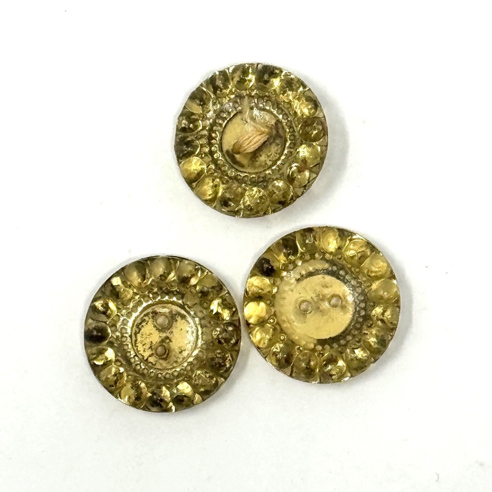 Vintage Glass Buttons 3pc Amber Yellow Round Scalloped Boho Craft 0.75in 19mm